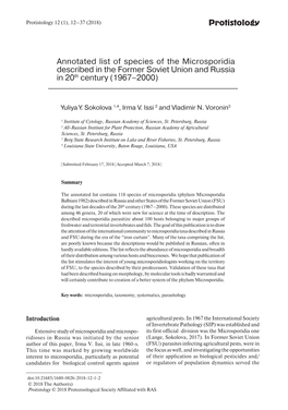 Protistology Annotated List of Species of the Microsporidia Described in the Former Soviet Union and Russia in 20Th Century (196