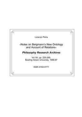 «Notes on Bergmann's New Ontology and Account of Relations» Philosophy Research Archives