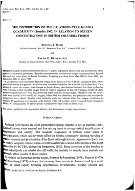 THE DISTRIBUTION of the GALATHEID CRAB MUNIDA QUADRISPINA (Benedict 1902) in RELATION to OXYGEN CONCENTRATIONS in BRITISH COLUMBIA FJORDS