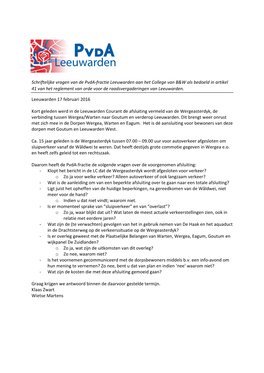 Schriftelijke Vragen Van De Pvda-Fractie Leeuwarden Aan Het