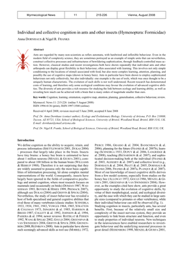 Individual and Collective Cognition in Ants and Other Insects (Hymenoptera: Formicidae)