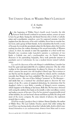 The Unholy Grail in Walker Percy's Lancelot C. E. Smith