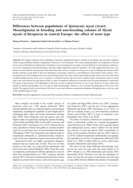 Ahead of Print Online Version Differences Between Populations of Spinturnix Myoti