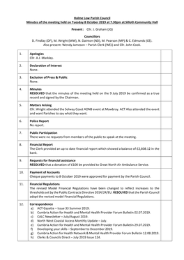 Holme Low Parish Council Minutes of the Meeting Held on Tuesday 8 October 2019 at 7.30Pm at Silloth Community Hall