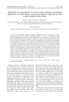 Response of Migratory Sculpin Populations to Barrier Removal in Four Small Lowland Urban Streams in the Lake Washington Basin