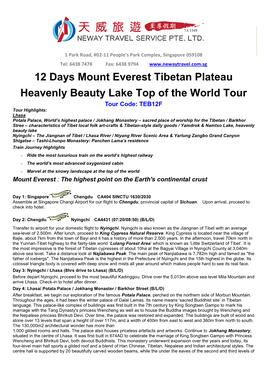 12 Days Mount Everest Tibetan Plateau Heavenly Beauty Lake Top