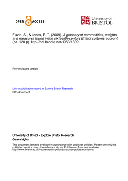 Glossary of Commodities, Weights and Measures Found in the Sixteenth-Century Bristol Customs Account