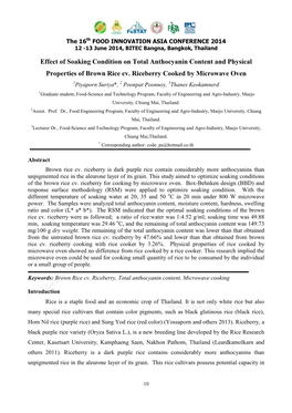 Effect of Soaking Condition on Total Anthocyanin Content and Physical Properties of Brown Rice Cv