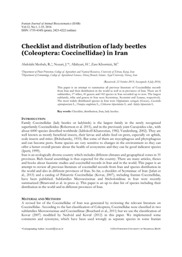 Checklist and Distribution of Lady Beetles (Coleoptera: Coccinellidae) in Iran