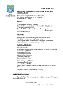 AGENDA ITEM NO 4 MEETING of the ELY MASTERPLAN/GROWTH DELIVERY WORKING PARTY Notes of a Meeting Held In