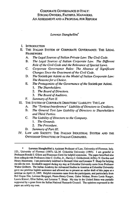 CORPORATE GOVERNANCE in ITALY and the System of DIRECTORS' LIABILITY: a PROPOSAL for REFORM A