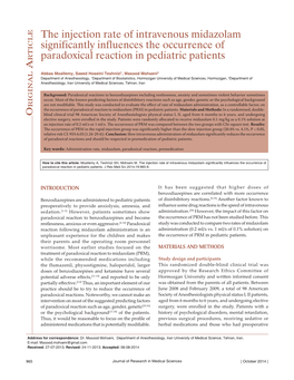 The Injection Rate of Intravenous Midazolam Significantly Influences the Occurrence of Paradoxical Reaction in Pediatric Patients