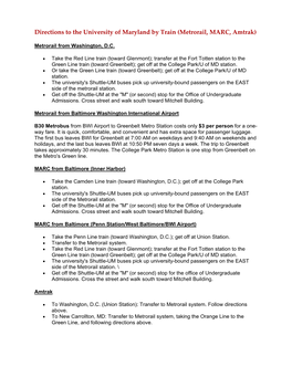 Directions to the University of Maryland by Train (Metrorail, MARC, Amtrak)