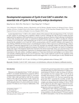 Developmental Expression of Cyclin H and Cdk7 in Zebrafish: the Essential Role of Cyclin H During Early Embryo Development