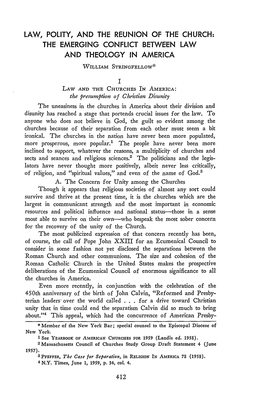 Law, Polity, and the Reunion of the Church: the Emerging Conflict Between Law and Theology in America William Stringfellow*