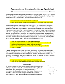 Macromolecule (Biomolecule) Review Worksheet Name ______Date_____