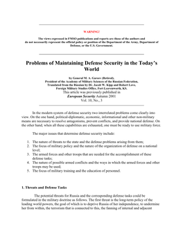 Problems of Maintaining Defense Security in the Today’S World