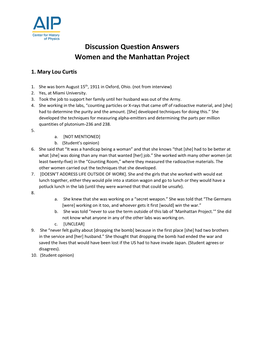 Discussion Question Answers Women and the Manhattan Project