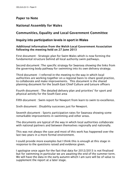 Paper to Note National Assembly for Wales Communities, Equality