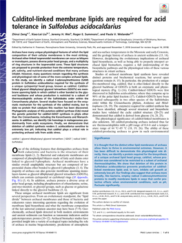 Calditol-Linked Membrane Lipids Are Required for Acid Tolerance in Sulfolobus Acidocaldarius