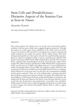 Stem Cells and (Pseudo)Science: Discursive Aspects of the Stamina Case As Seen in Nature Alessandra Vicentini Doi