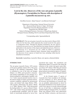 Discovery of the Rare Ant Genus Leptanilla (Hymenoptera: Formicidae) in Macau with Description of Leptanilla Macauensis Sp