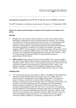 Anticipated Acquisition by ITV Plc of 25 Per Cent of GMTV Limited