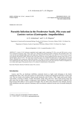 Parasitic Infection in the Freshwater Snails, Pila Ovata and Lanistes Varicus (Gastropoda: Ampullariidae)