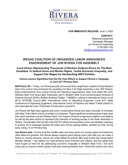 Broad Coalition of Organized Labor Announced Endorsement of Jon