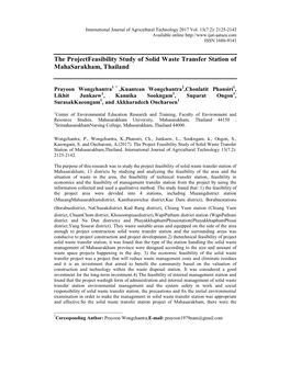 The Project Feasibility Study of Solid Waste Transfer Station of Mahasarakham,Thailand. International Journal of Agricultural Technology 13(7.2): 2125-2142