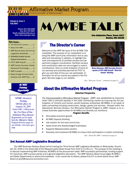 M/WBE TALK Email: Amp@Osd.State.Ma.Us Web: One Ashburton Place, Room 1017 Boston, MA 02108 This Issue