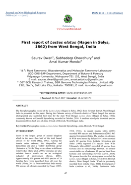 First Report of Lestes Elatus (Hagen in Selys, 1862) from West Bengal, India