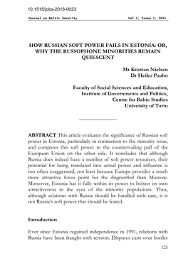 How Russian Soft Power Fails in Estonia: Or, Why the Russophone Minorities Remain Quiescent