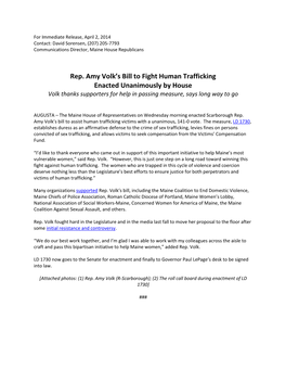 Rep. Amy Volk's Bill to Fight Human Trafficking Enacted Unanimously By