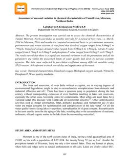 Assessment of Seasonal Variation in Chemical Characteristics of Tamdil Lake, Mizoram, Northeast India