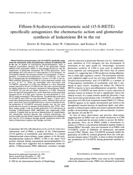 Fifteen-S-Hydroxyeicosatetraenoic Acid (15-S-HETE) Specifically Antagonizes the Chemotactic Action and Glomerular Synthesis of Leukotriene B4 in the Rat