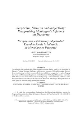 Scepticism, Stoicism and Subjectivity: Reappraising Montaigne’S Influence on Descartes