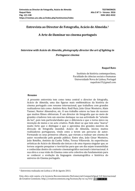 Entrevista Ao Director De Fotografia, Acácio De Almeida.1 a Arte De Iluminar No Cinema Portugués