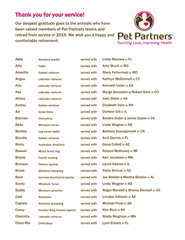 Thank You for Your Service! Our Deepest Gratitude Goes to the Animals Who Have Been Valued Members of Pet Partners Teams and Retired from Service in 2019