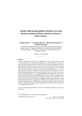 Female White-Handed Gibbons (<I>Hylobates Lar</I>) Lead Group