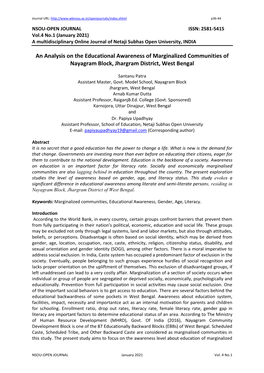 An Analysis on the Educational Awareness of Marginalized Communities of Nayagram Block, Jhargram District, West Bengal