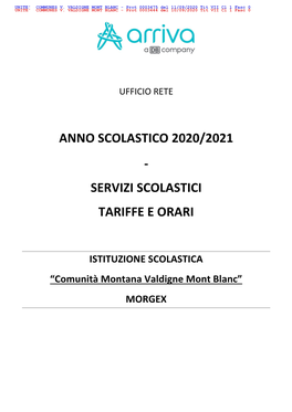 Anno Scolastico 2020/2021 - Servizi Scolastici Tariffe E Orari