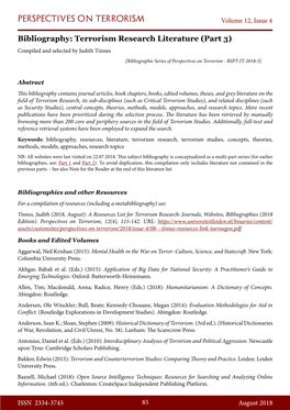 Bibliography: Terrorism Research Literature (Part 3) Compiled and Selected by Judith Tinnes [Bibliographic Series of Perspectives on Terrorism - BSPT-JT-2018-5]