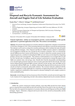 Disposal and Recycle Economic Assessment for Aircraft and Engine End of Life Solution Evaluation