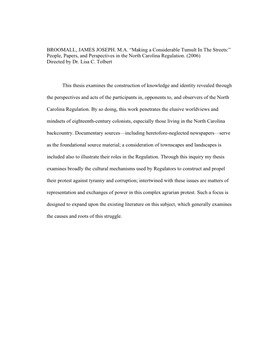 Making a Considerable Tumult in the Streets:” People, Papers, and Perspectives in the North Carolina Regulation