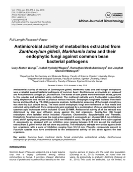 Antimicrobial Activity of Metabolites Extracted from Zanthoxylum Gilletii, Markhamia Lutea and Their Endophytic Fungi Against Common Bean Bacterial Pathogens