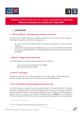 COMITÉ DIRECTEUR DE LA LIGUE NATIONALE DE RUGBY Rélevé De Décisions De La Réunion Du 18 Juin 2021