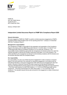 Independent Limited Assurance Report on PAMP SA's Compliance Report 2020