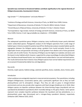 Specialist Taxa Restricted to Threatened Habitats Contribute Significantly to the Regional Diversity of Peltigera (Lecanorales, Ascomycota) in Estonia