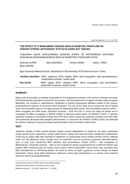 27 the Effect of a Monoamine Oxidase (Mao)-B Inhibitor; Pargyline on Oxidant Stress/ Antioxidant Status in Aging Rat Tissues Ya